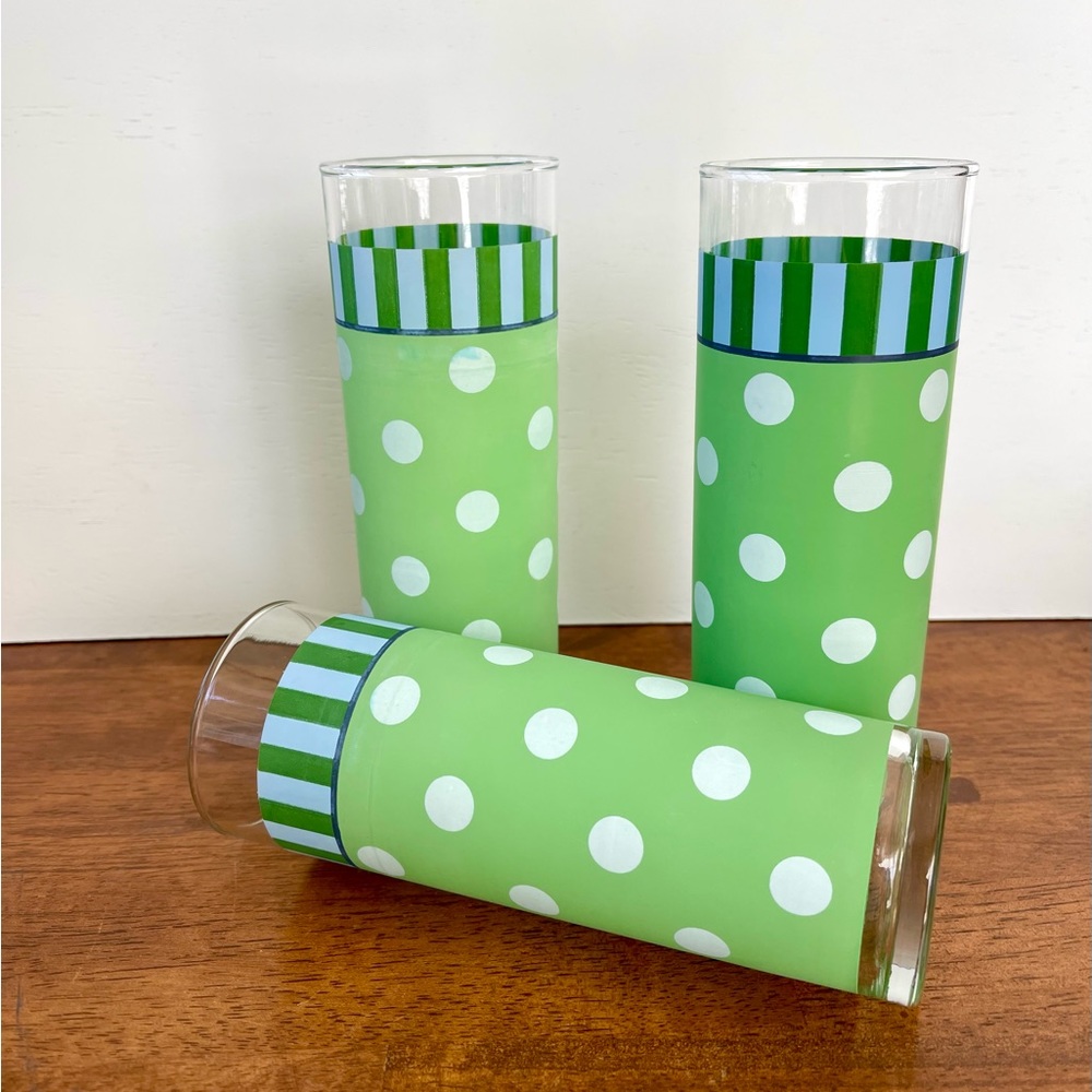 Set of 3 Vintage Gail Pittman Siena White Polka Dots Tall Green Tumbler Glasses
